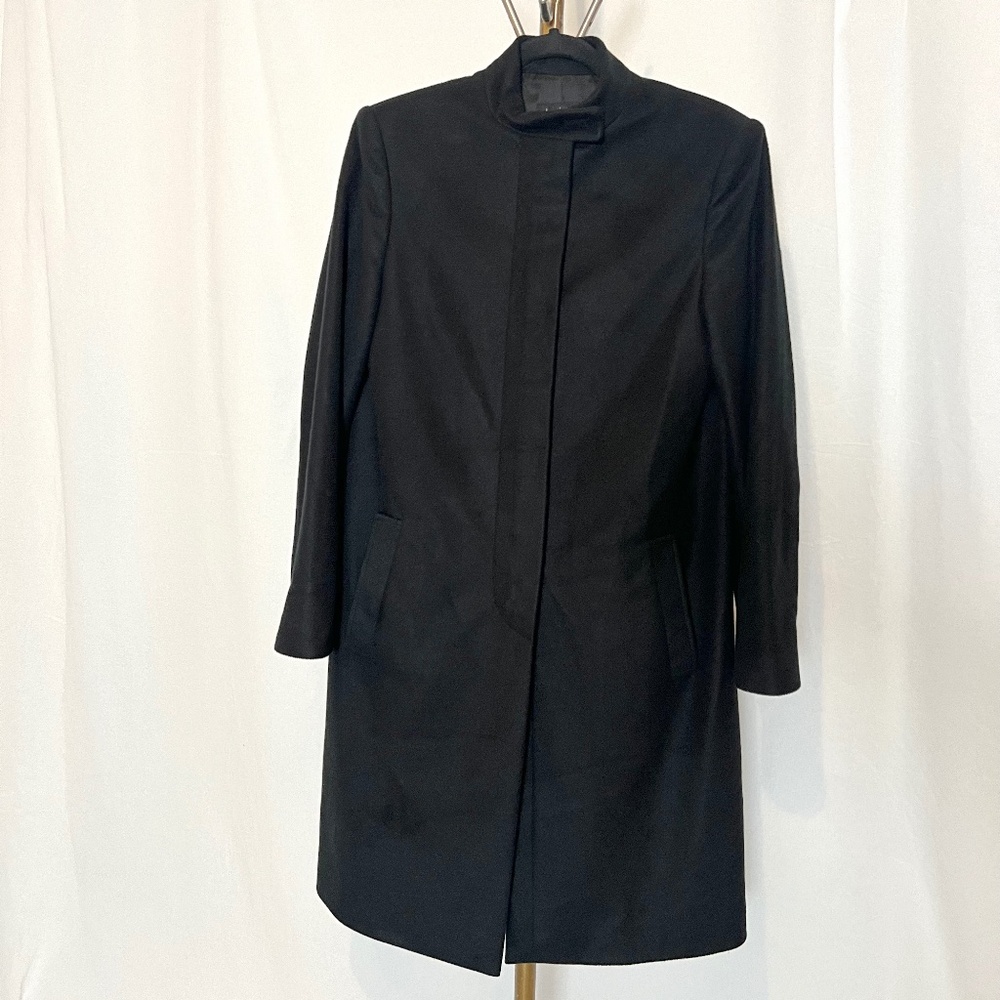 BYBLOS Rare Vintage Black Knee Length Zip Front Overcoat with Tunic Style Collar